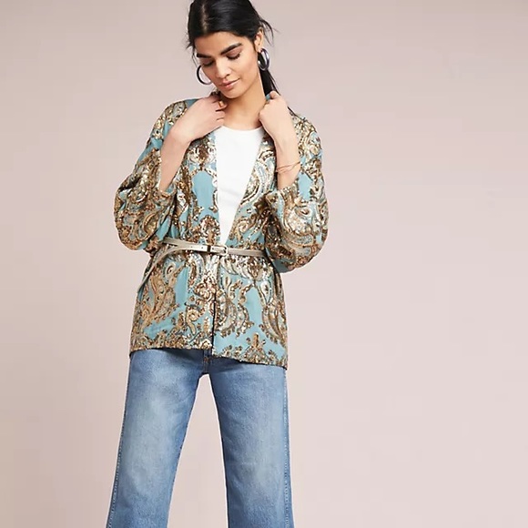Anthropologie Jackets & Blazers - 🌟HOST PICK🌟 Anthropologie Glittering Gold Teal Sequin Open-Front Kimono
